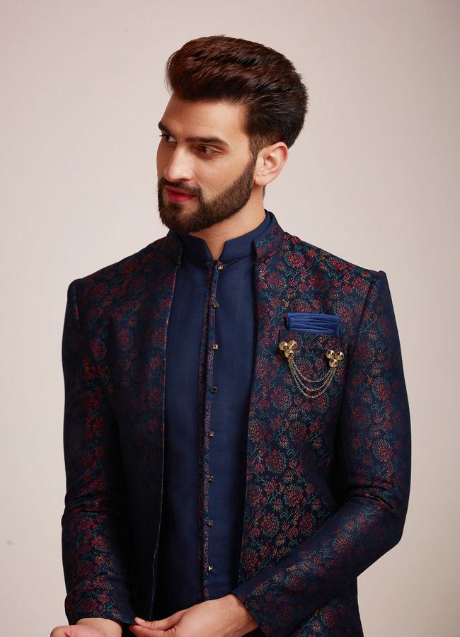 alt message - Manyavar Men Sapphire Blue Indo Western Set image number 0