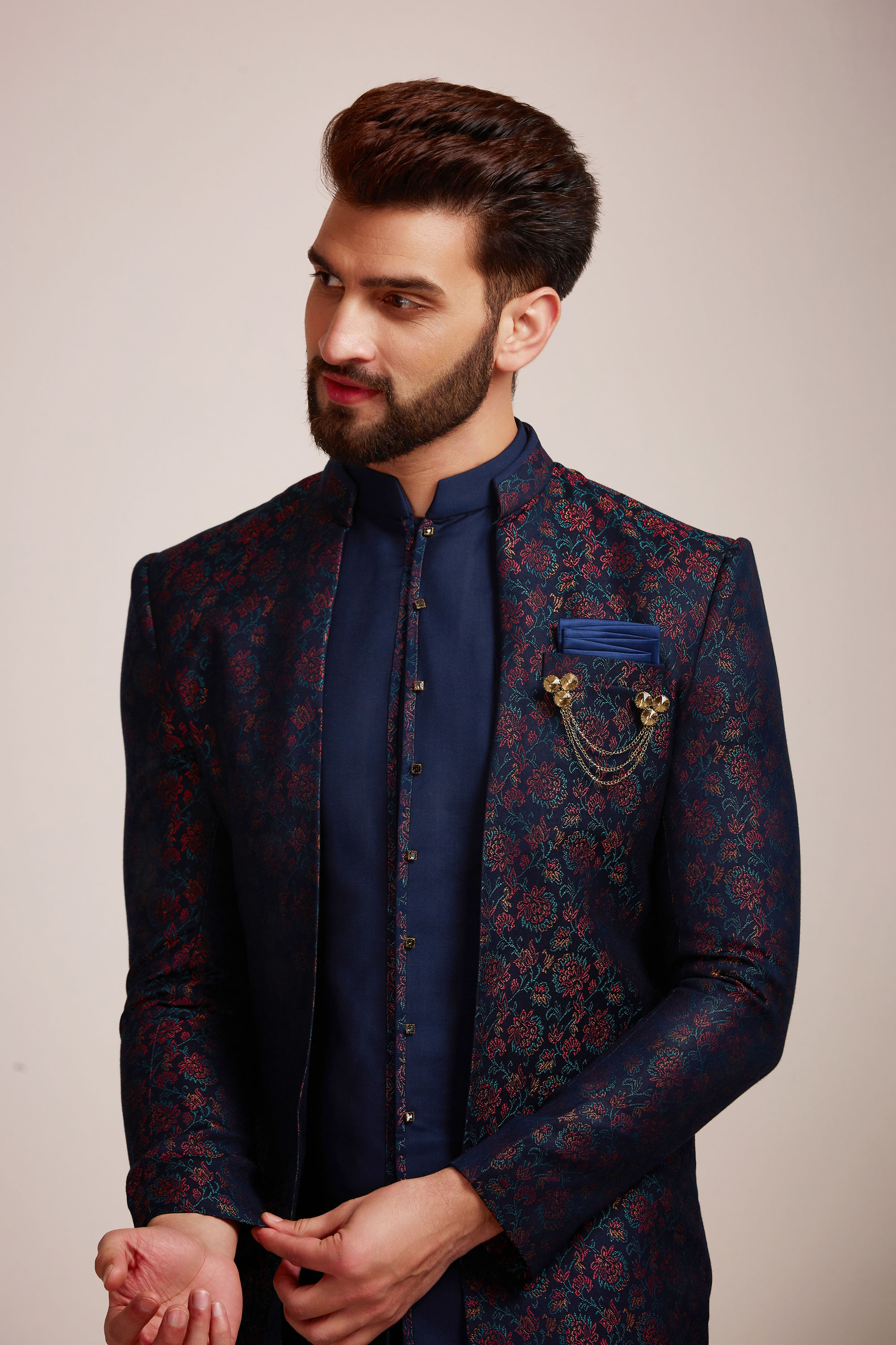 Manyavar Men Sapphire Blue Indo Western Set