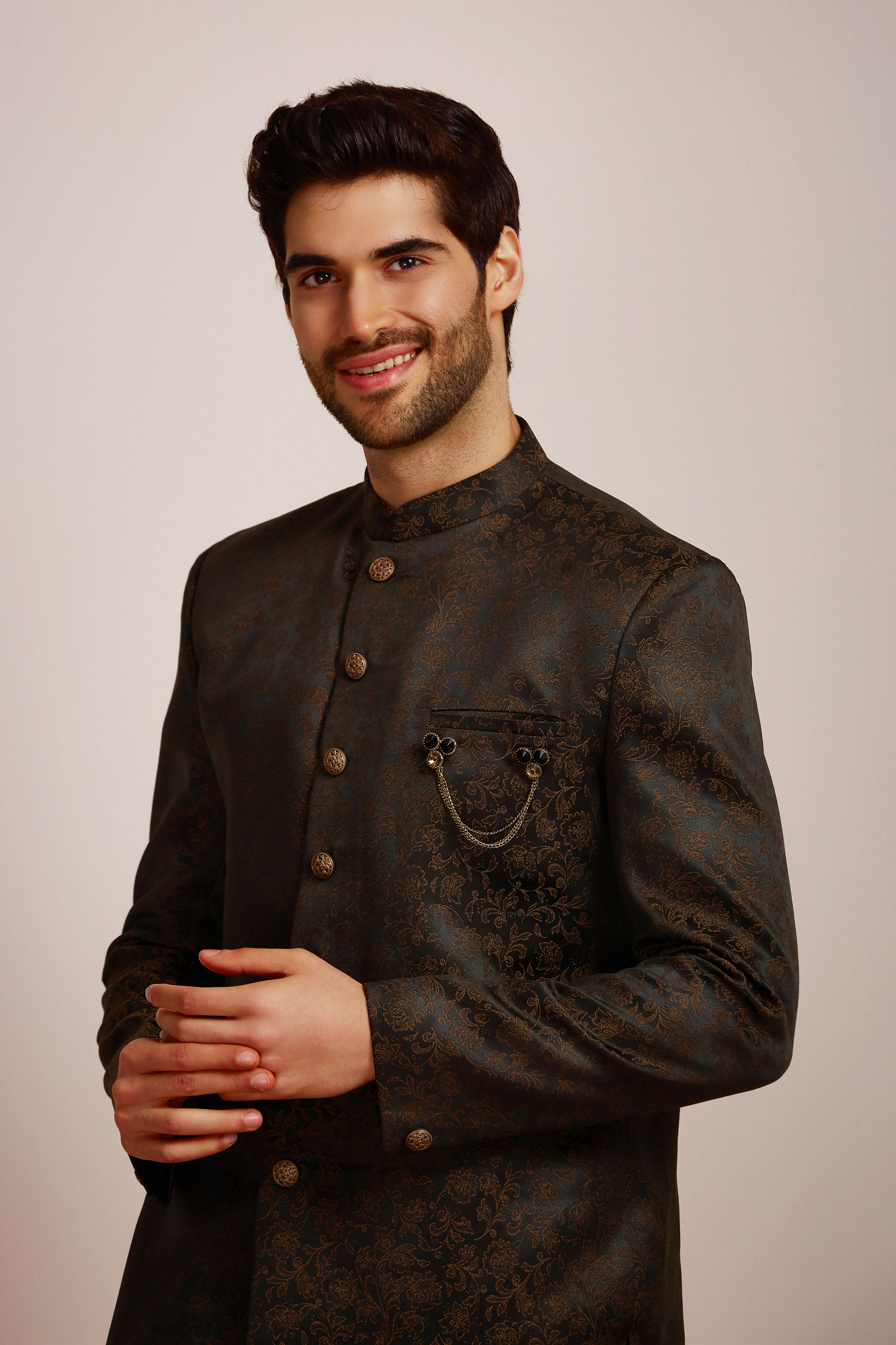 Manyavar Men Dusty Black Indo Western Set