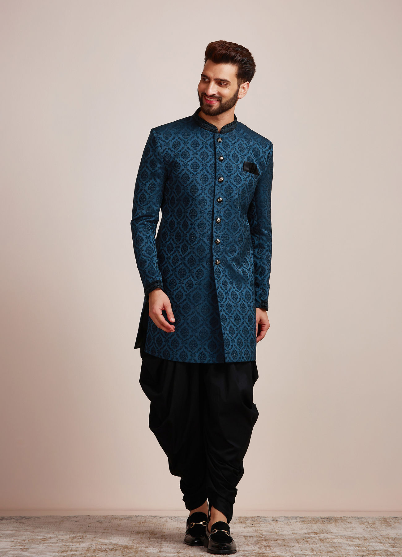 Manyavar Men Classic Blue Brocade Design Indo Western