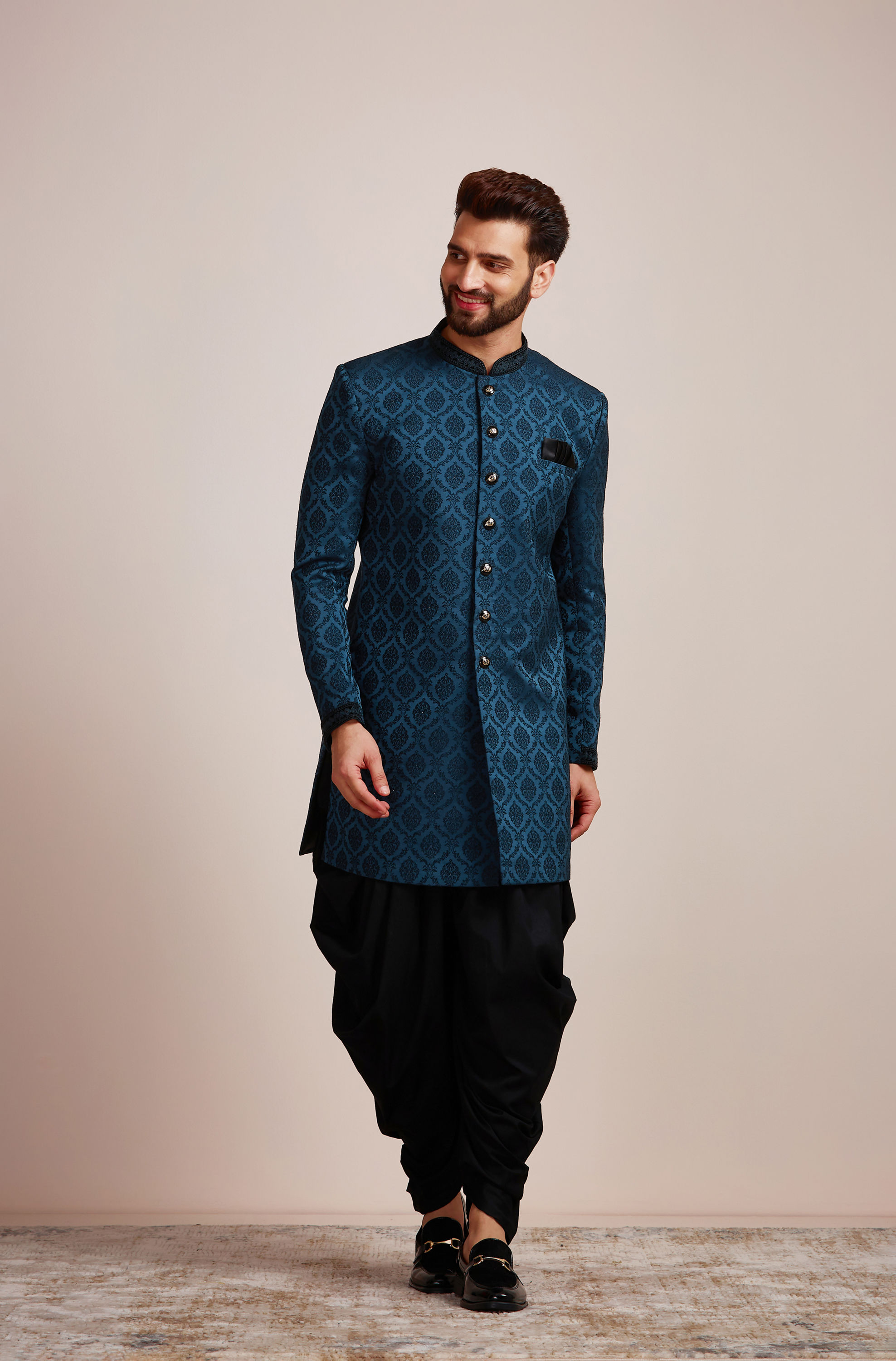 Manyavar Men Classic Blue Brocade Design Indo Western