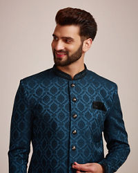 Manyavar Men Classic Blue Brocade Design Indo Western