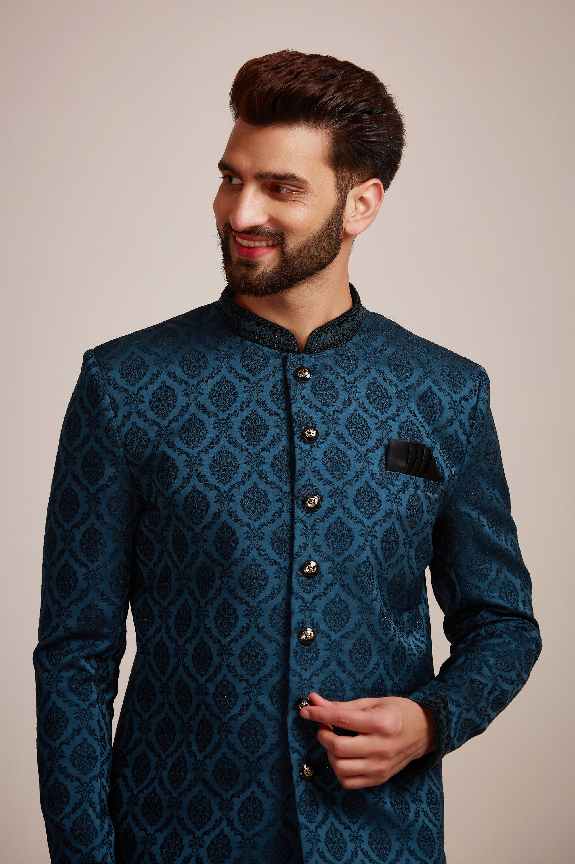 Manyavar Men Classic Blue Brocade Design Indo Western