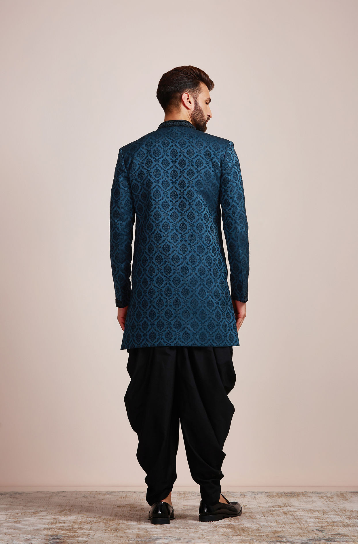 Manyavar Men Classic Blue Brocade Design Indo Western