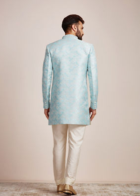 alt message - Manyavar Men Crystal Blue Indo Western Set image number 3