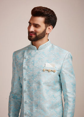 alt message - Manyavar Men Crystal Blue Indo Western Set image number 0