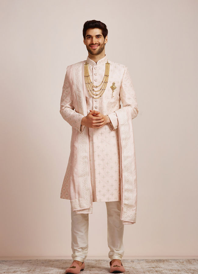 alt message - Manyavar Men Coral Peach Floral Self Patterned Sherwani Set image number 1