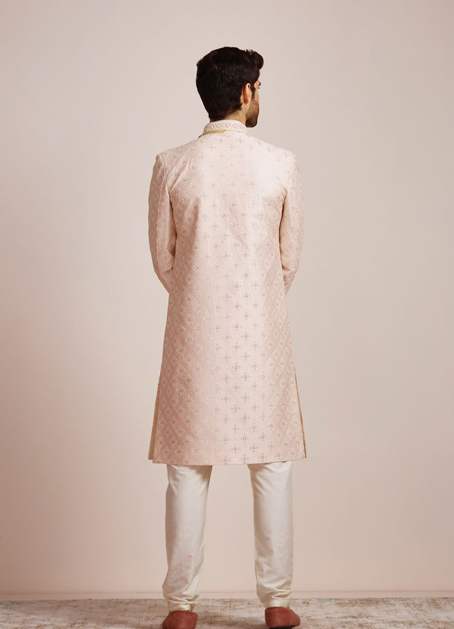 Coral Peach Floral Self Patterned Sherwani Set image number 3