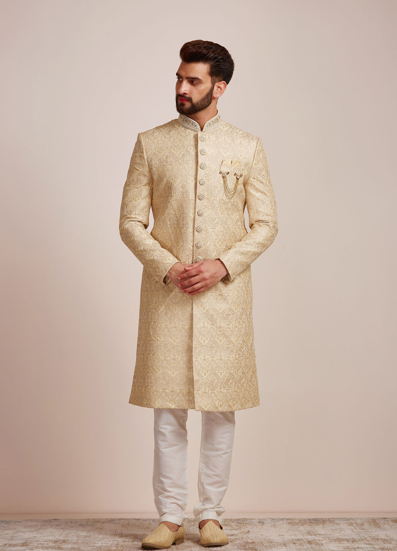 Manyavar Men Beige Biscuit Patterned Sherwani Set