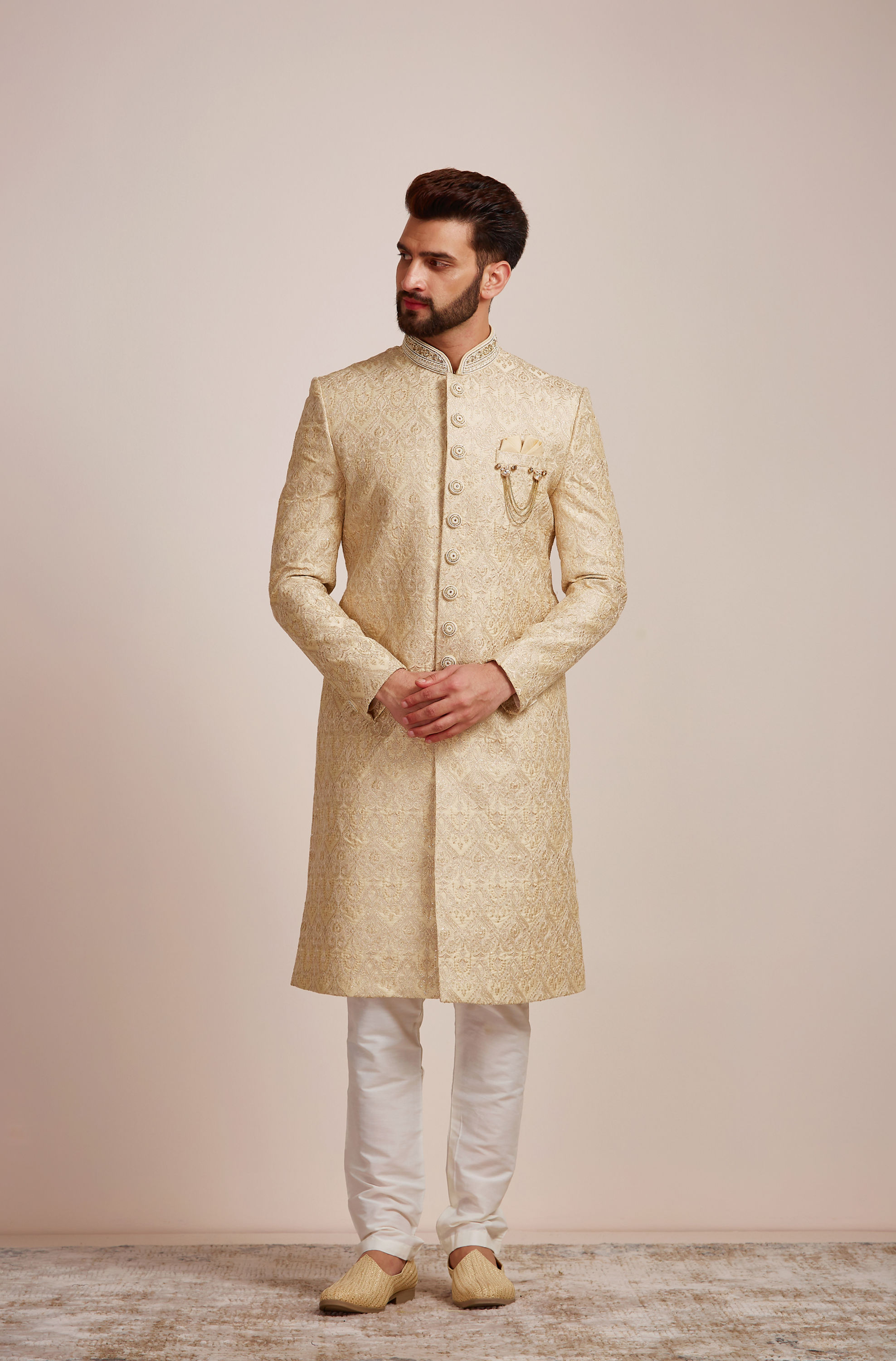 Manyavar Men Beige Biscuit Patterned Sherwani Set