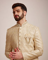 Manyavar Men Beige Biscuit Patterned Sherwani Set