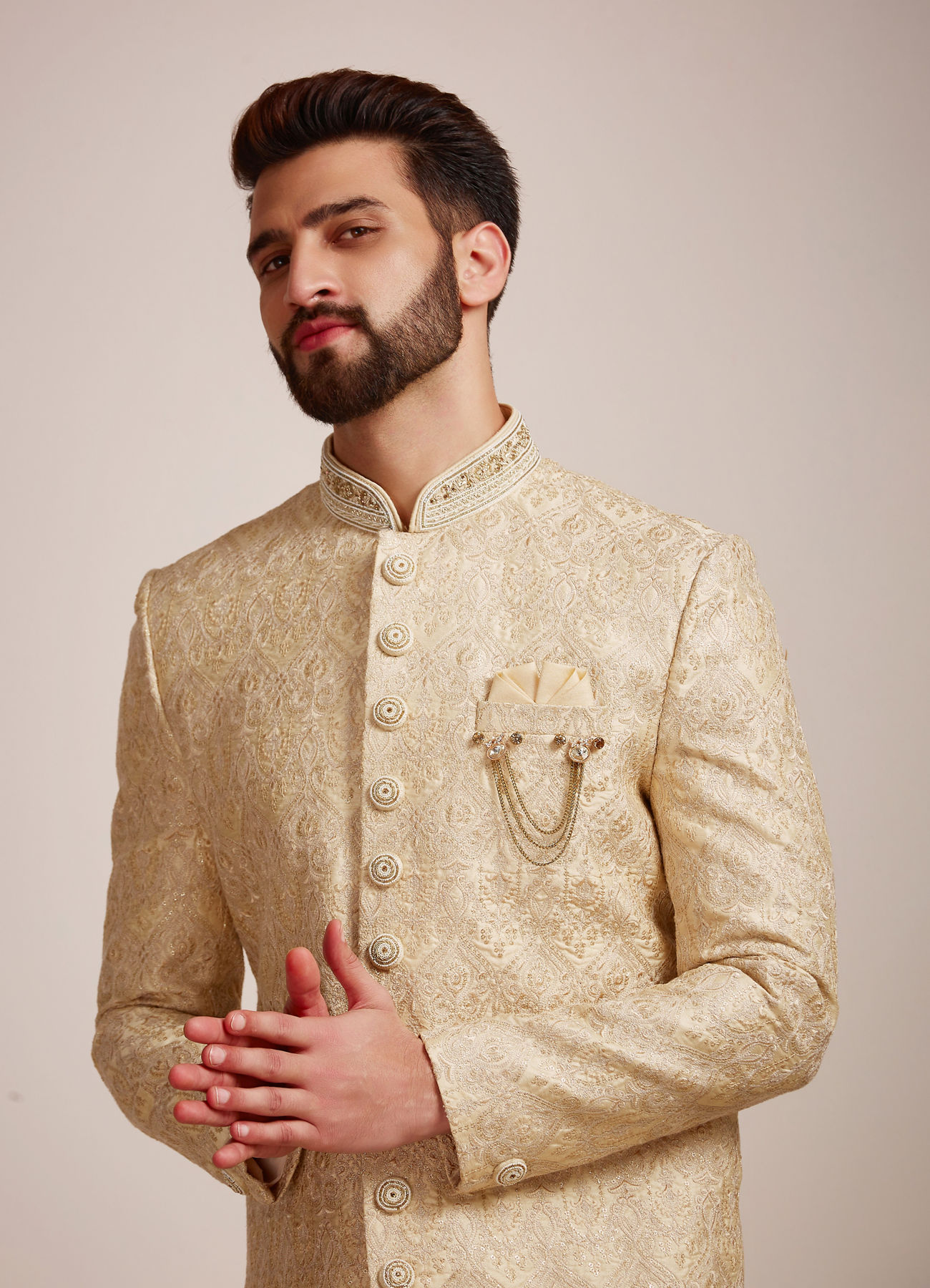 Manyavar Men Beige Biscuit Patterned Sherwani Set