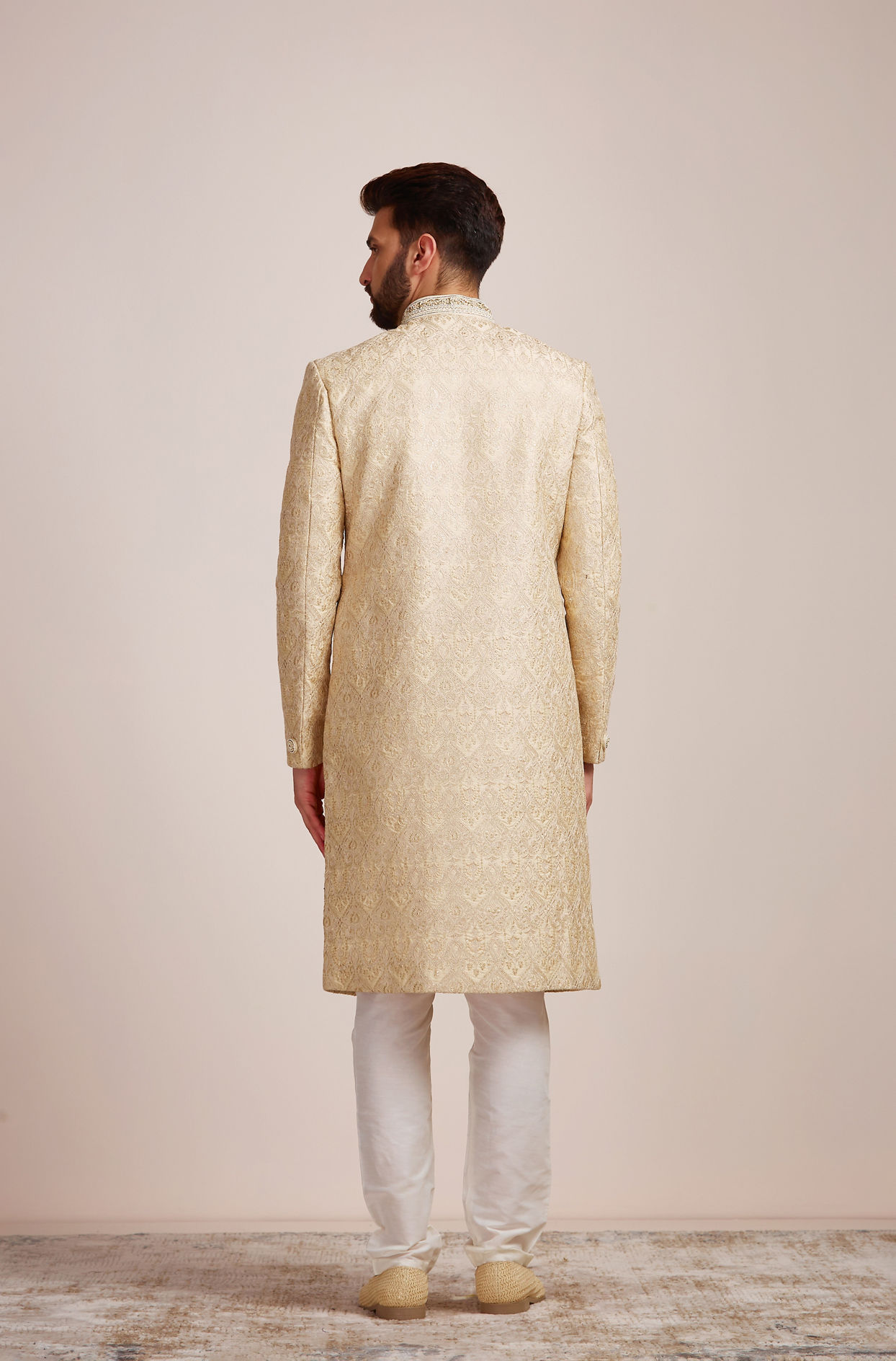 Manyavar Men Beige Biscuit Patterned Sherwani Set