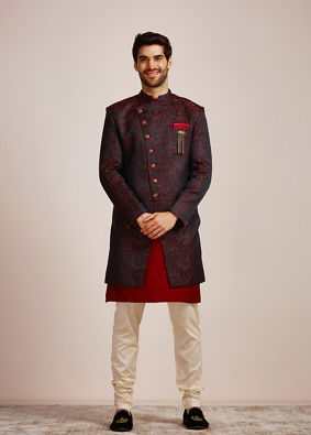 alt message - Manyavar Men Festive Black Floral Layered Indo Western image number 1