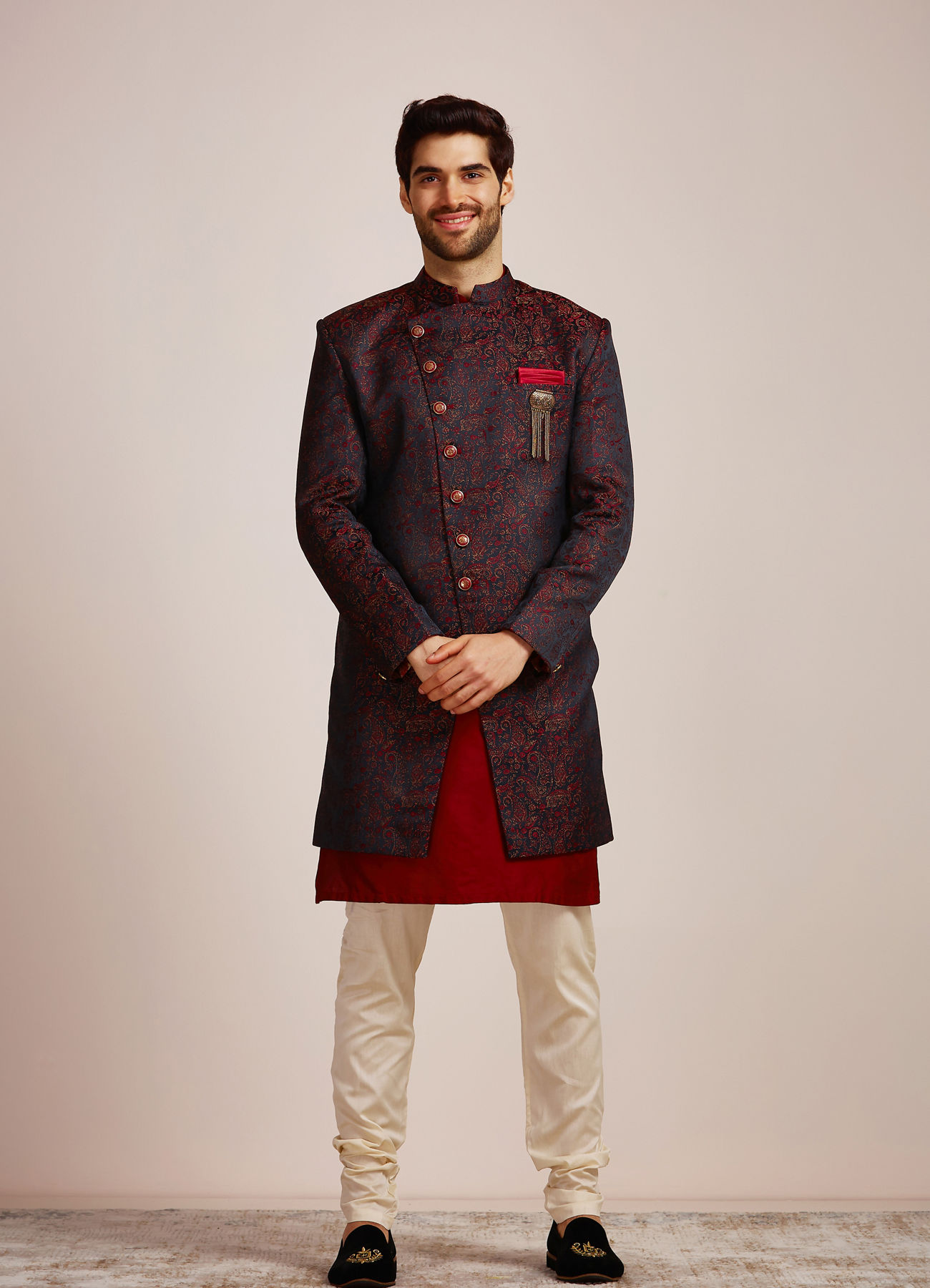 Manyavar Men Festive Black Floral Layered Indo Western