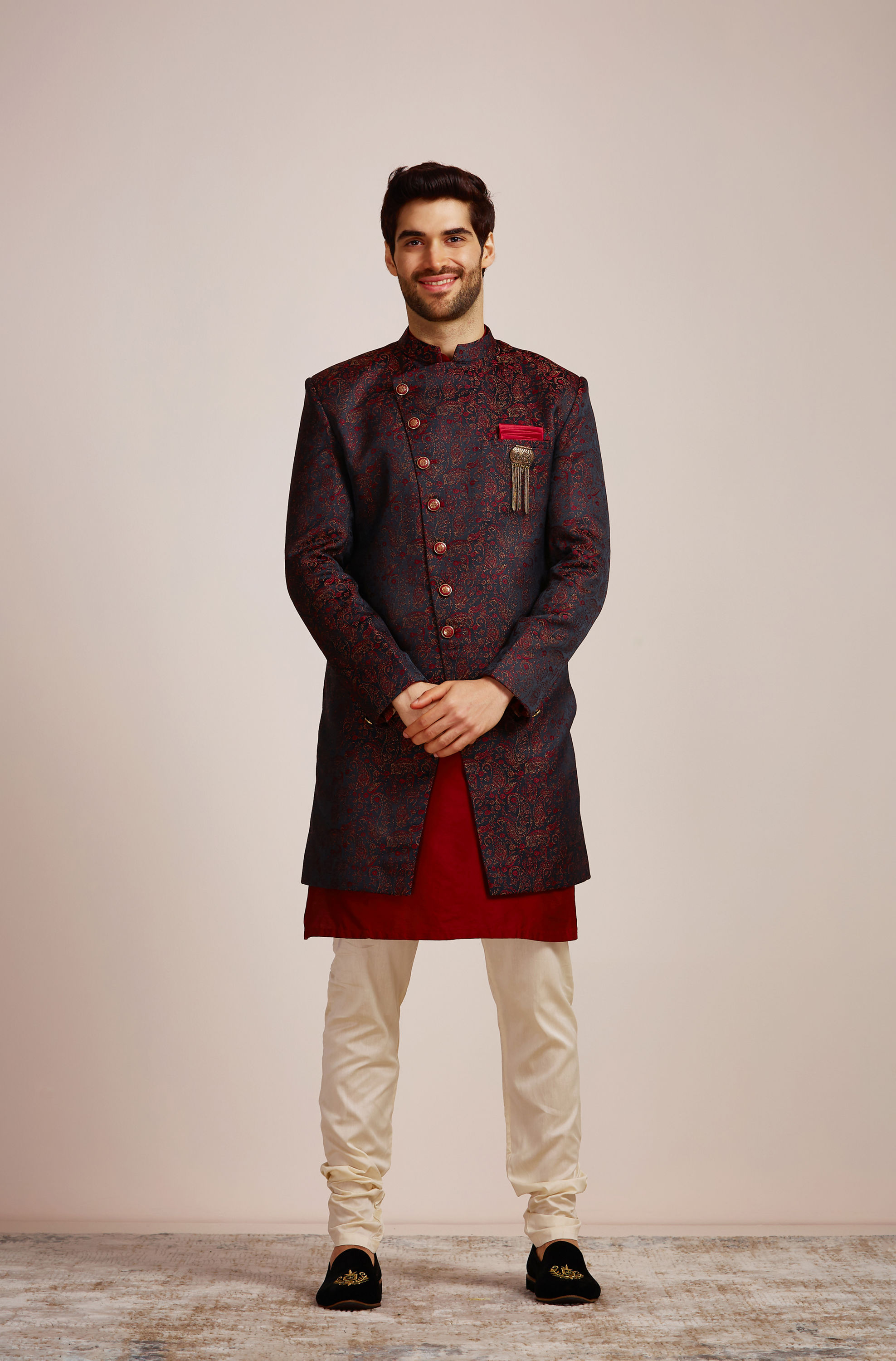 Manyavar Men Festive Black Floral Layered Indo Western