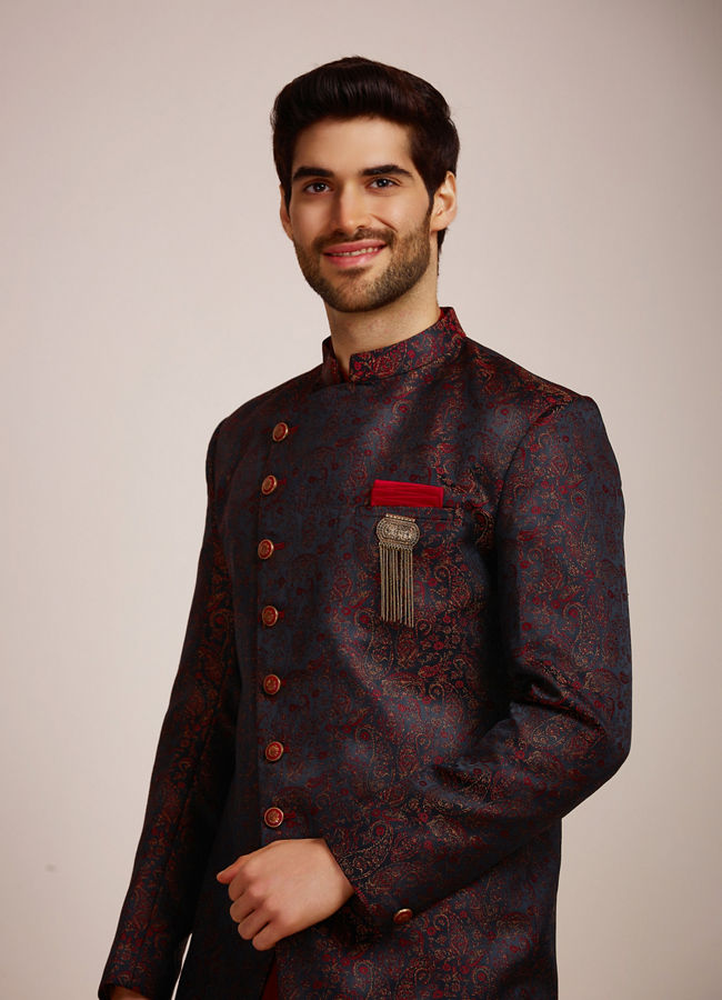 alt message - Manyavar Men Festive Black Floral Layered Indo Western image number 0