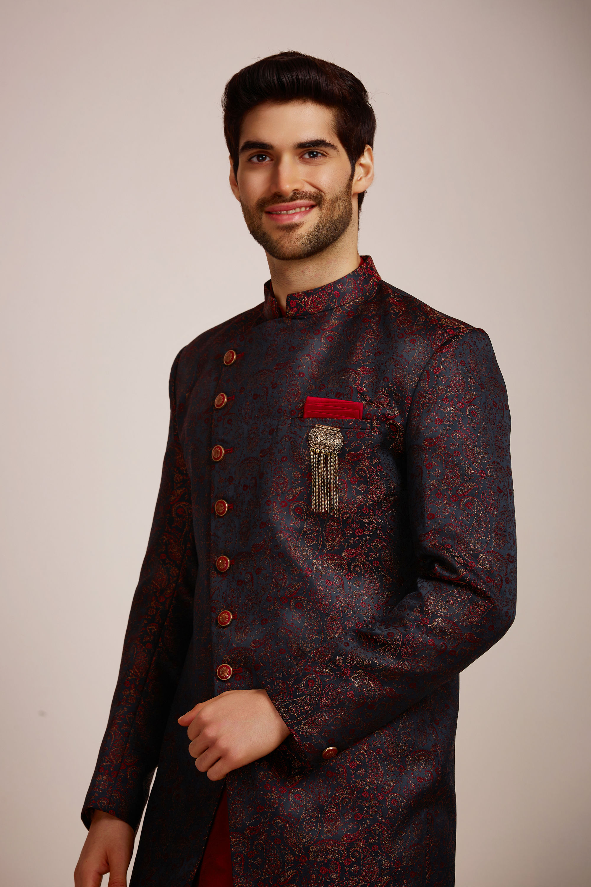 Manyavar Men Festive Black Floral Layered Indo Western