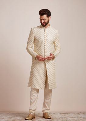 alt message - Manyavar Men Golden Cream Patterned Sherwani Set image number 1