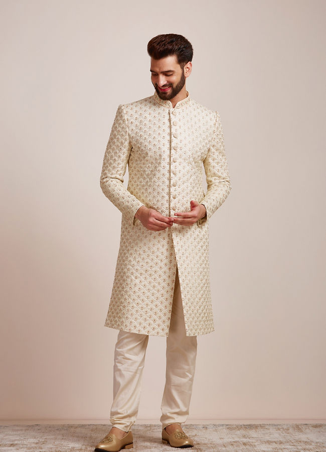 Golden Cream Patterned Sherwani Set image number 1