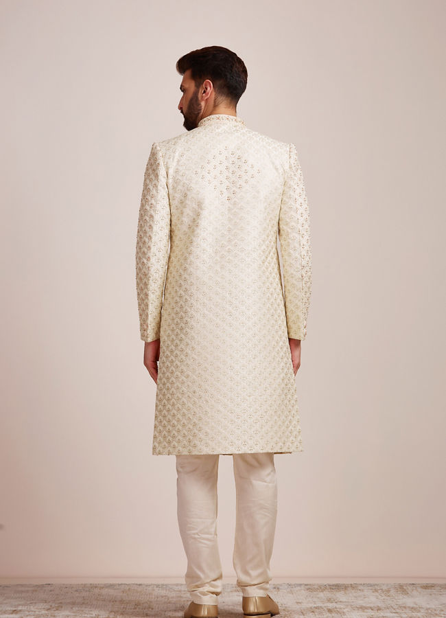 Golden Cream Patterned Sherwani Set image number 3