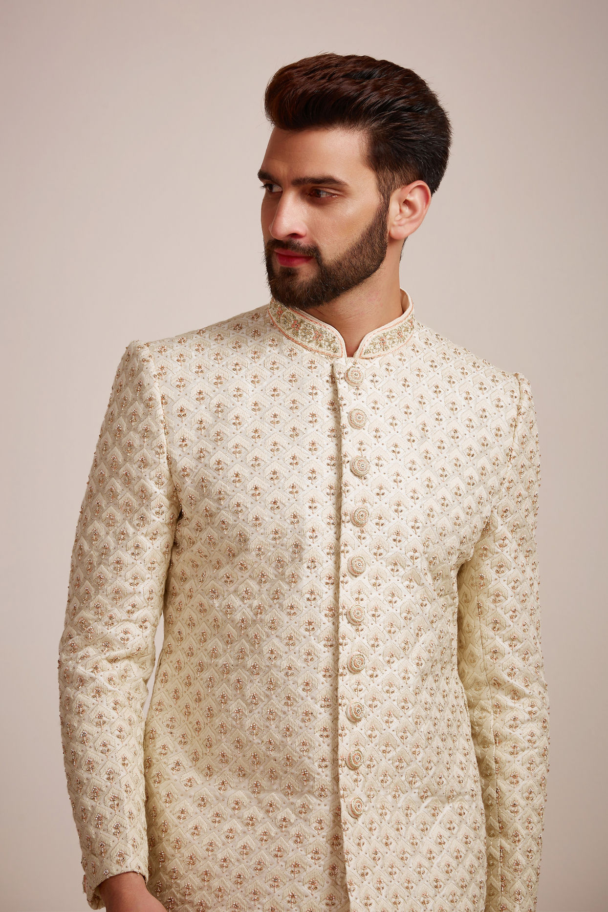 alt message - Manyavar Men Golden Cream Patterned Sherwani Set image number 0