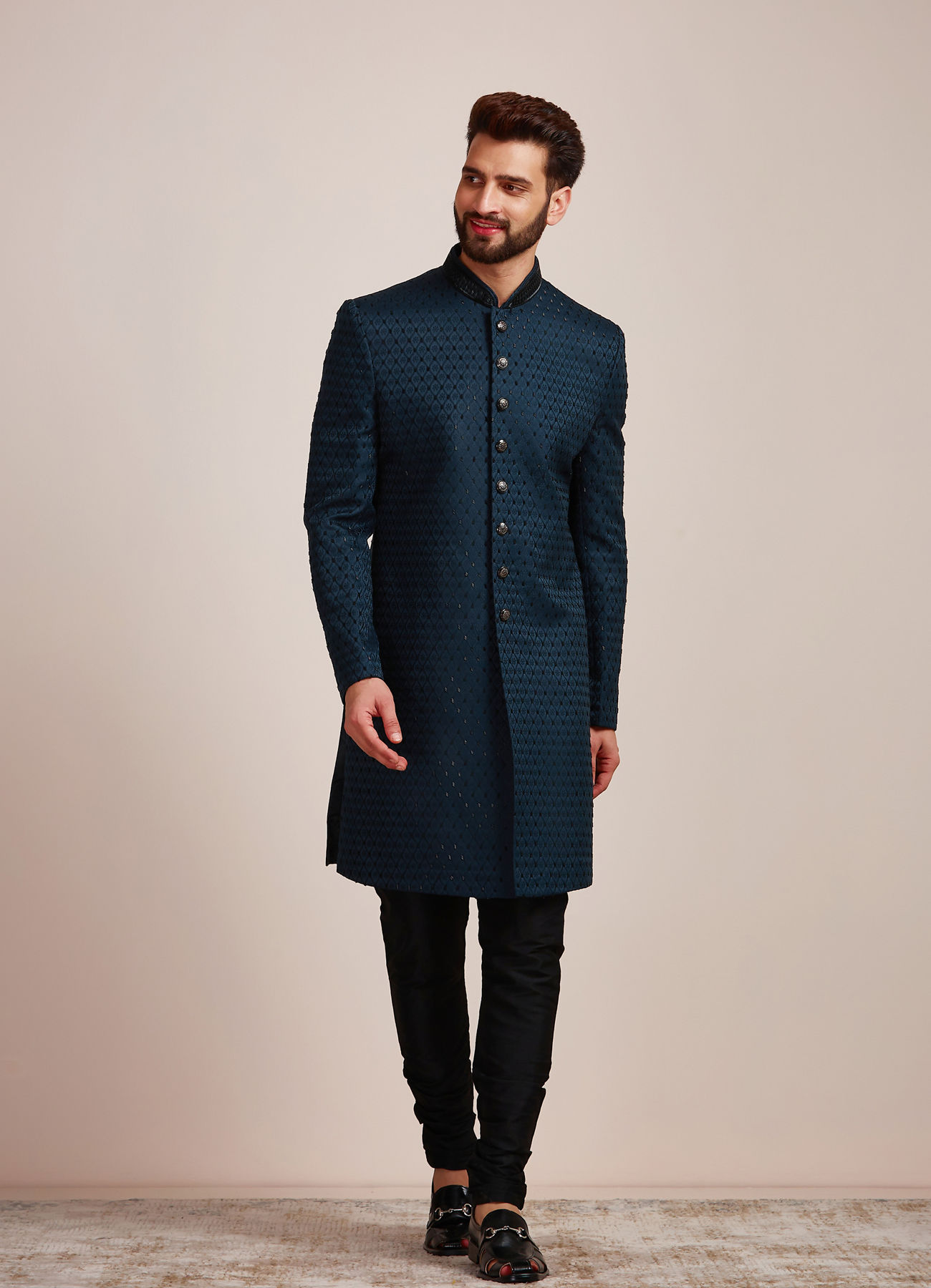 Manyavar Men Feroze Blue Sequined Indo Western Set