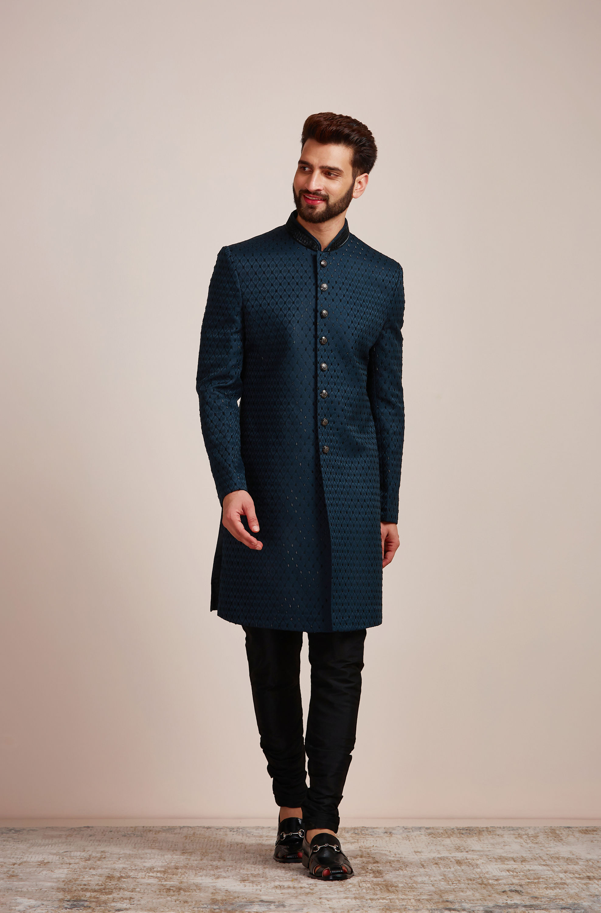 Manyavar Men Feroze Blue Sequined Indo Western Set