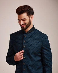 Manyavar Men Feroze Blue Sequined Indo Western Set