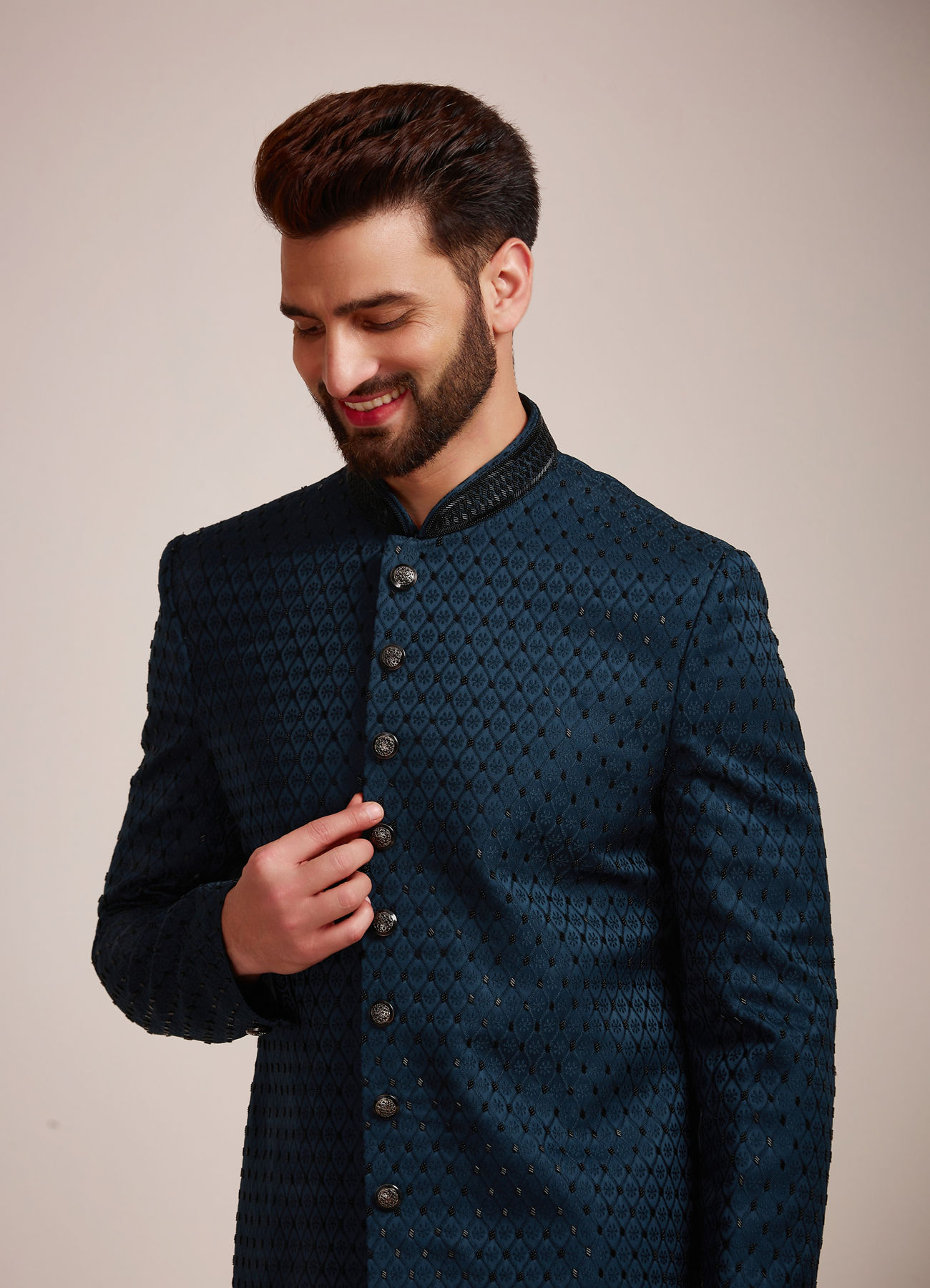 Manyavar Men Feroze Blue Sequined Indo Western Set