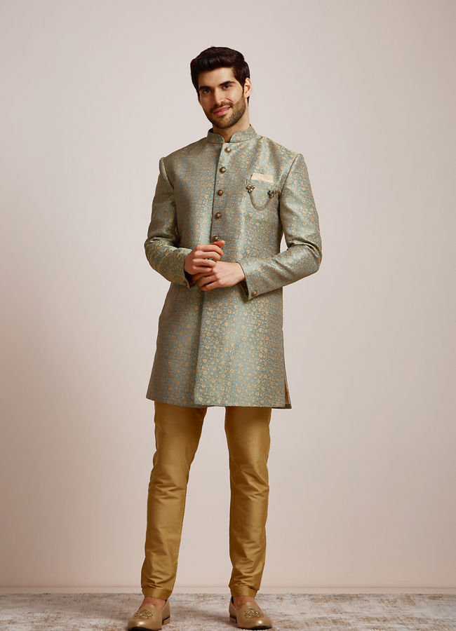 Boy's Dark Green Indo Western with Golden Weaving main image 1