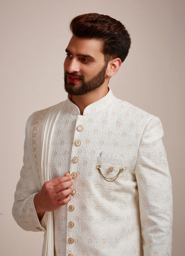 Sherwani for Men - Buy Classic Cream Paterned Sherwani Set Online @Manyavar