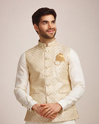 Manyavar Men Pearl Cream Patterned Jacket