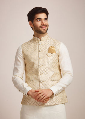 alt message - Manyavar Men Pearl Cream Patterned Jacket image number 0