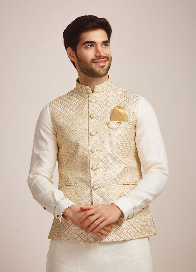 Buy Pearl Cream Patterned Jacket Online in the USA @Manyavar - Nehru ...