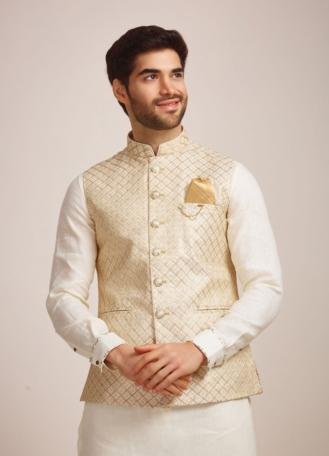 Manyavar Men Pearl Cream Patterned Jacket