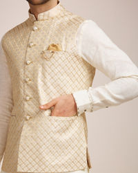 Manyavar Men Pearl Cream Patterned Jacket