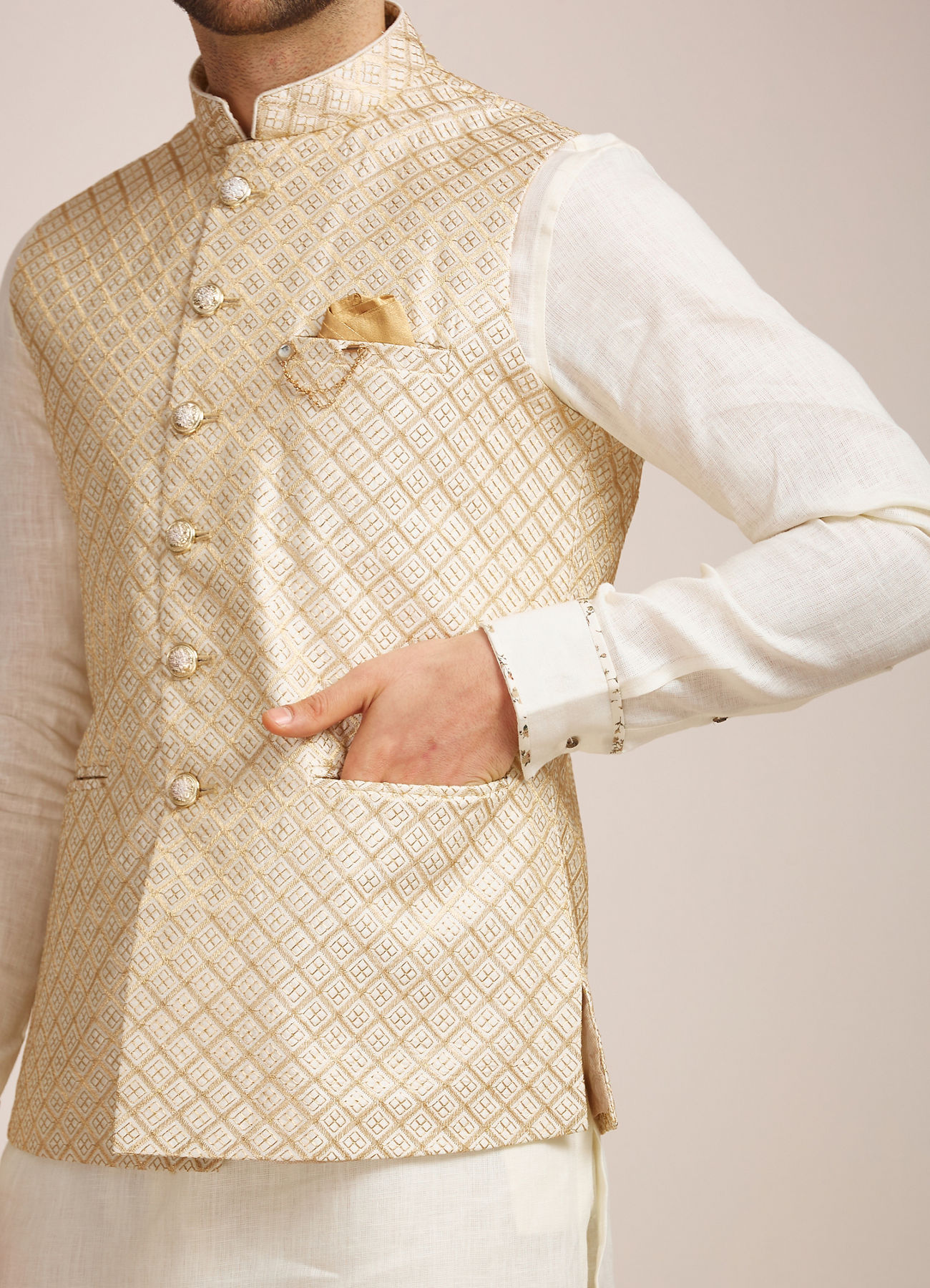 Manyavar Men Pearl Cream Patterned Jacket