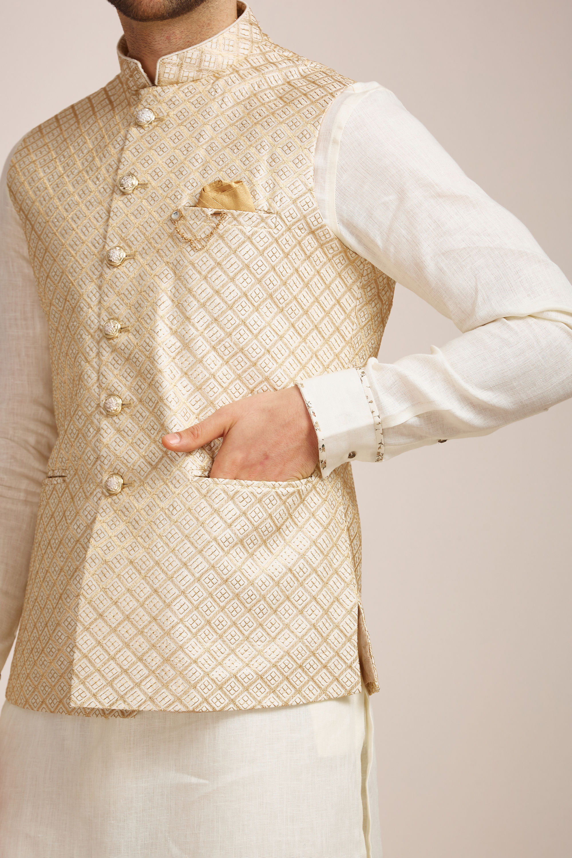 Manyavar Men Pearl Cream Patterned Jacket