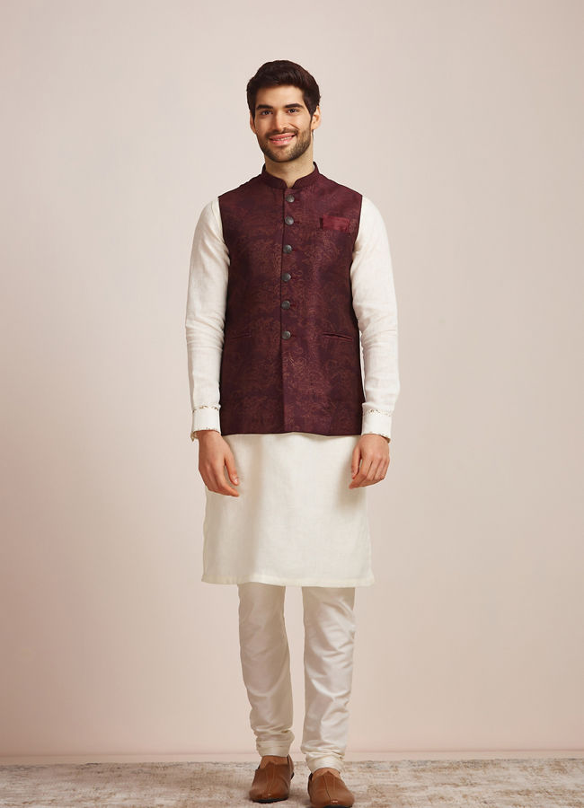 Manyavar Men Wine Blended Rayon Classic Fancy Nehru Jacket