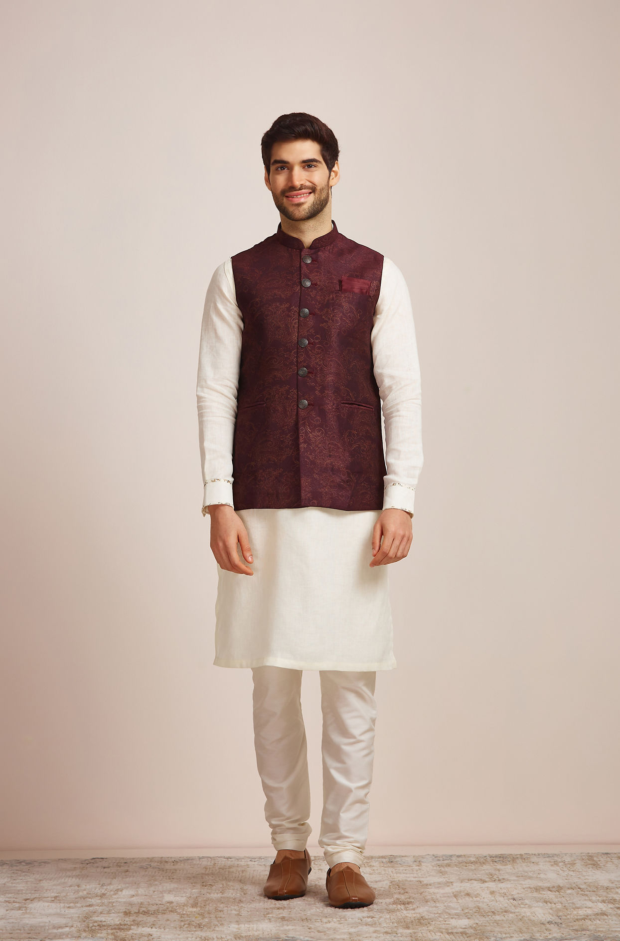 Manyavar Men Wine Blended Rayon Classic Fancy Nehru Jacket
