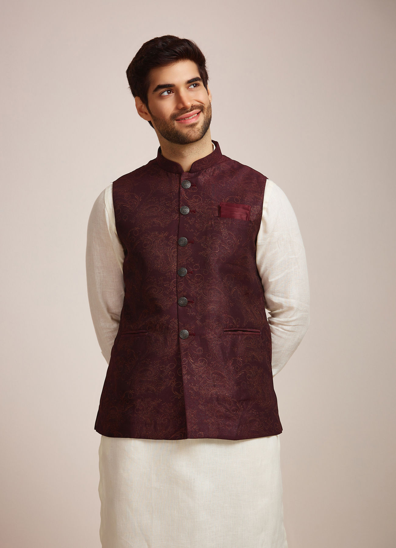 Manyavar Men Wine Blended Rayon Classic Fancy Nehru Jacket