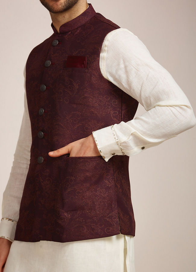 Manyavar Men Wine Blended Rayon Classic Fancy Nehru Jacket