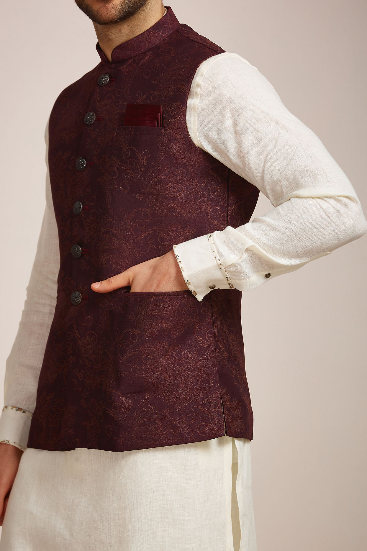 Manyavar Men Wine Blended Rayon Classic Fancy Nehru Jacket