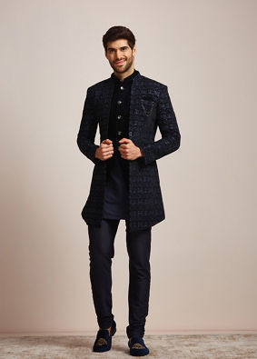 alt message - Manyavar Men Blue Sequined Indo Western Set image number 0