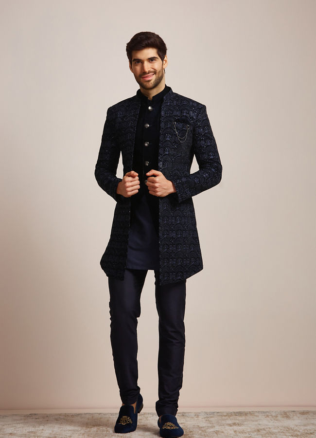 alt message - Manyavar Men Blue Sequined Indo Western Set image number 0