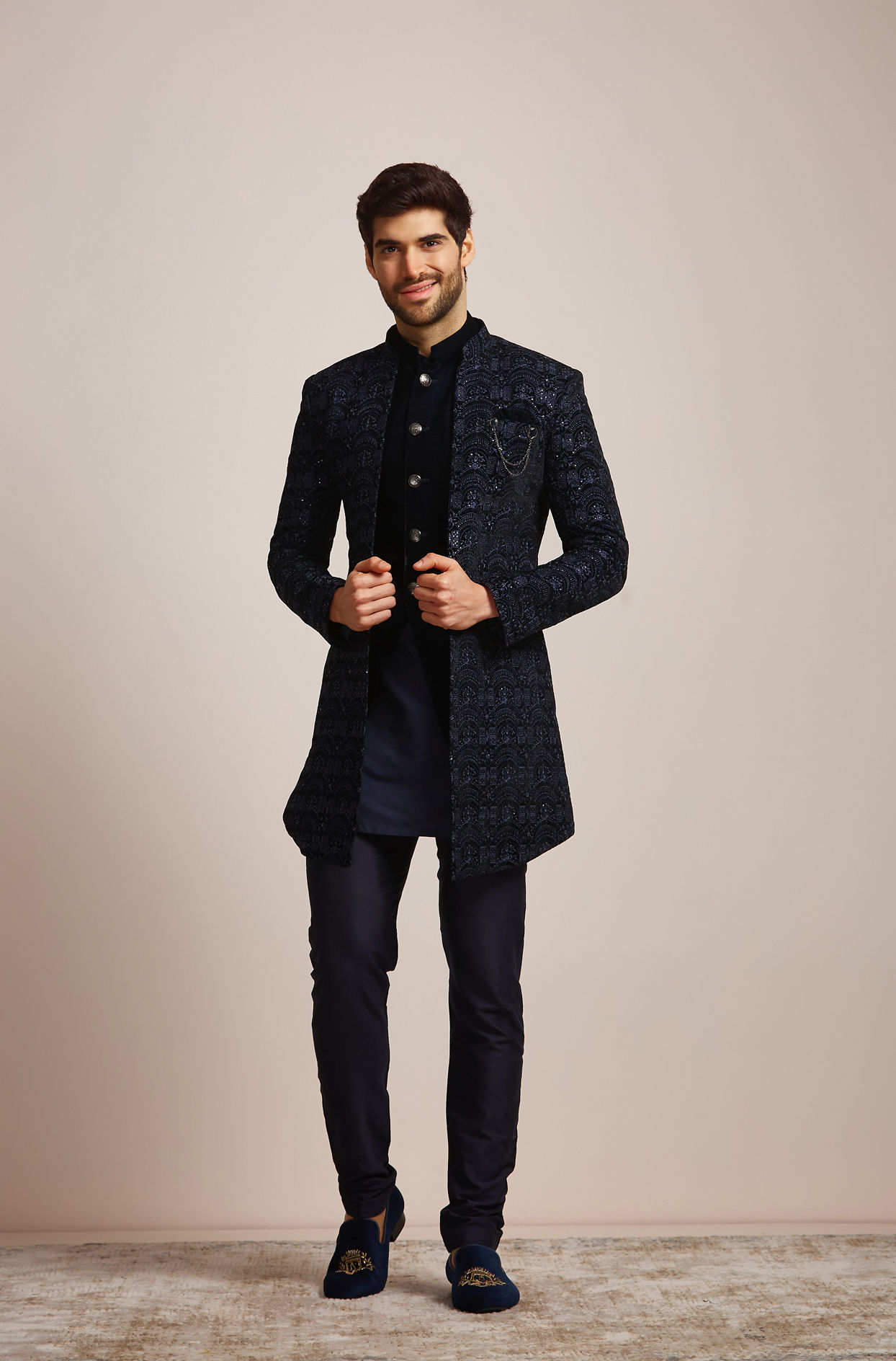 alt message - Manyavar Men Blue Sequined Indo Western Set image number 0