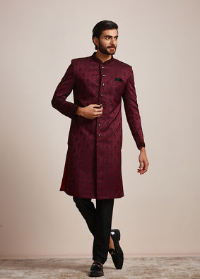 alt message - Manyavar Men Wine Patterned Sherwani Set image number 1