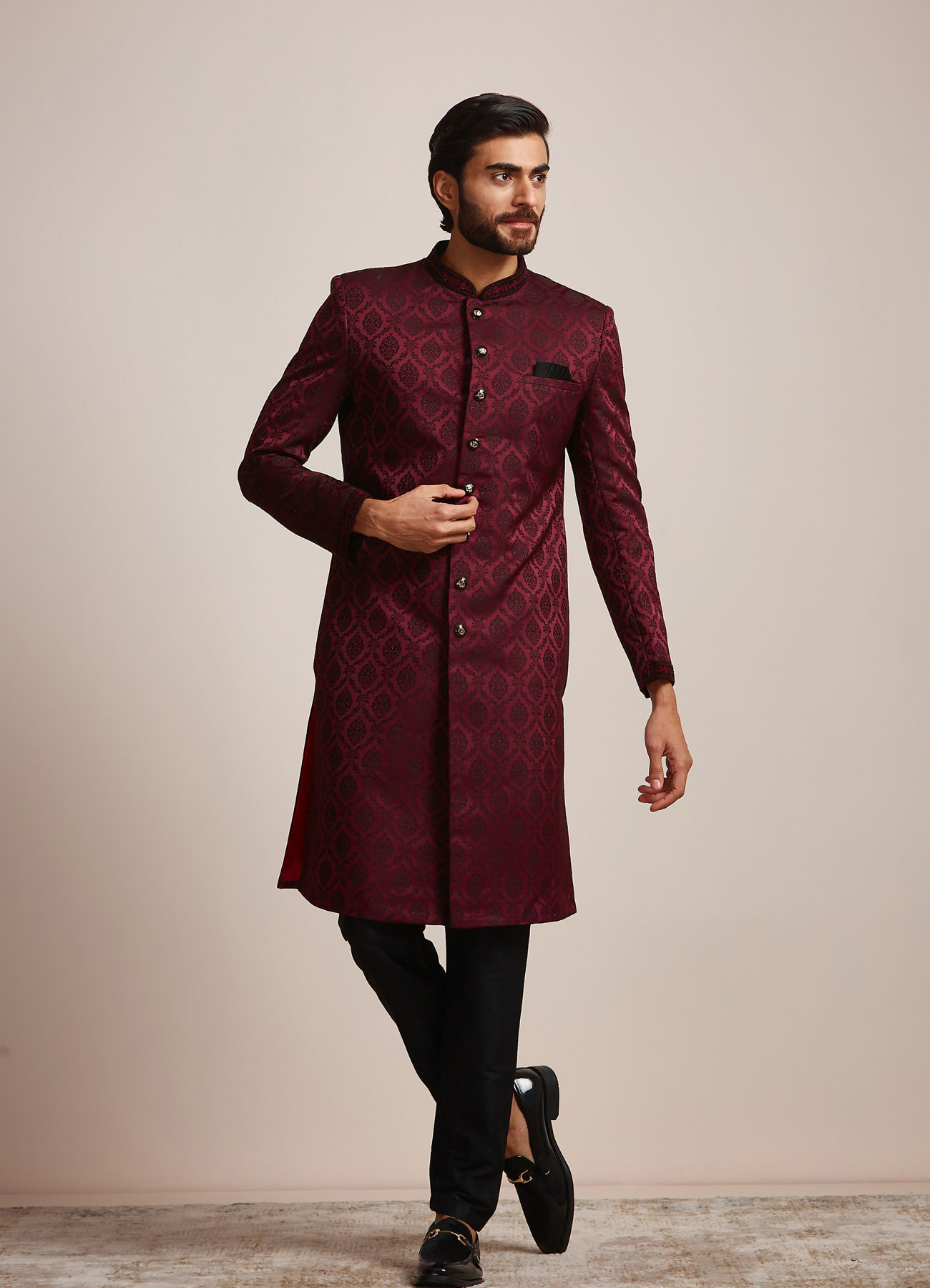 Manyavar Men Wine Patterned Sherwani Set