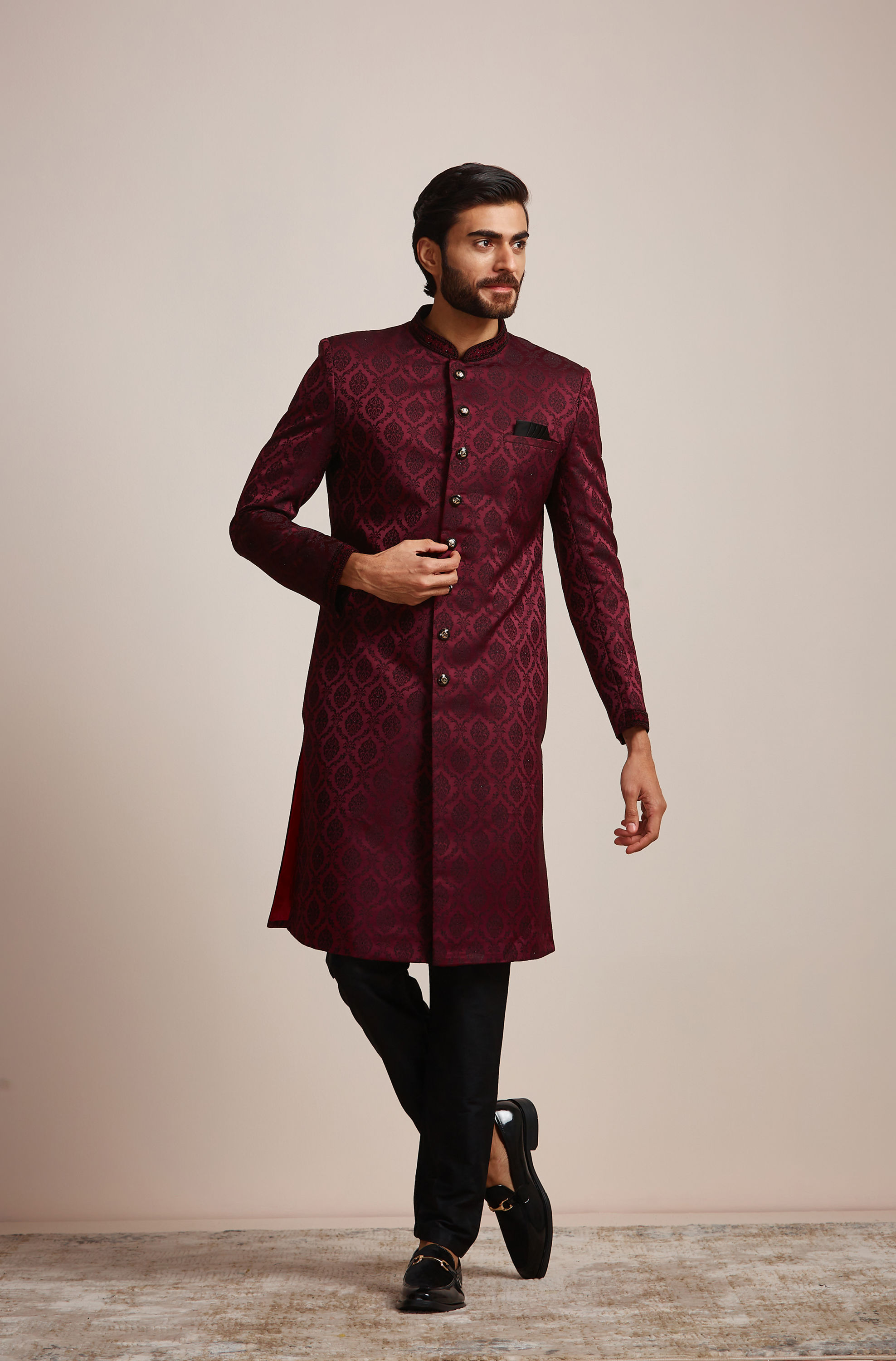 Manyavar Men Wine Patterned Sherwani Set